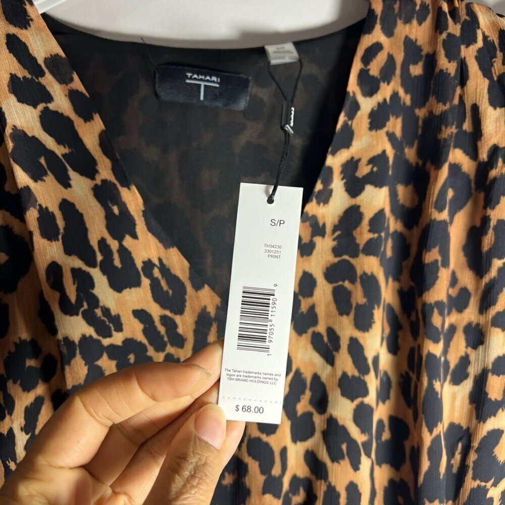 NWT Tahari leopard print long sleeve blouse animal print peplum flowy top tan - Picture 6 of 9